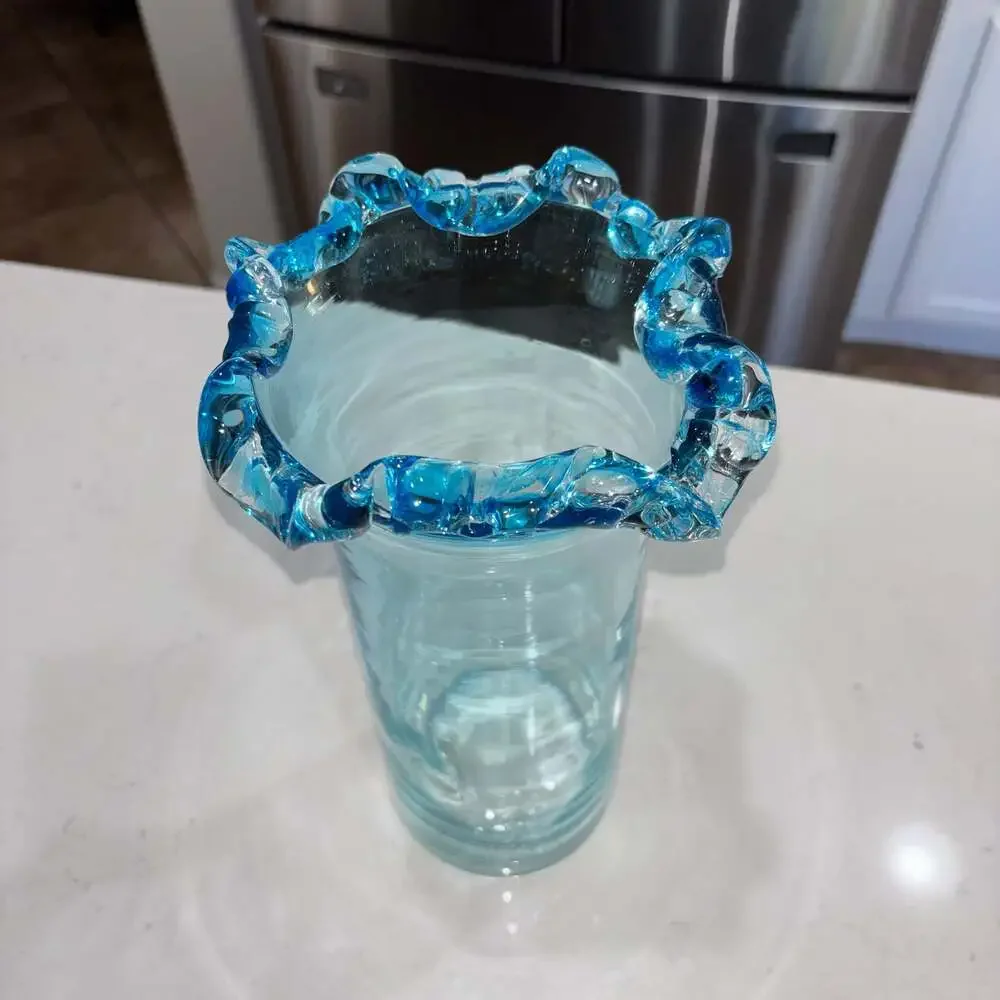 Vintage Hand Blown Ruffled Ocean Blue Crest Vase 12”